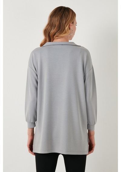 Lela Regular Fit Fermuarlı Yaka Önü Kısa Arkası Uzun Bayan Sweat 5865876 Gri