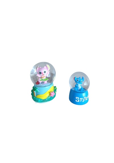 9cm-6cm Sarı Altlıklı Işıklı Mavi Renk Ve 11cm X7 Cm Pilli Pembe Işıklı Hediyelik-dekoratif 2 Li Stitch Kar Küresi 11x9