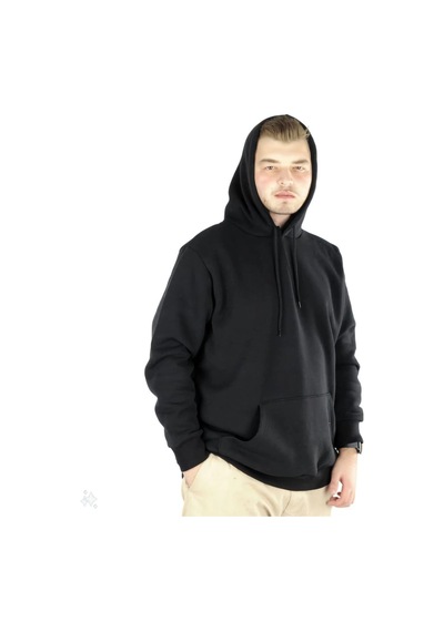 Erkek 3 İplik Pamuklu Kapüşonlu Cepli Oversize Hoodie Sweatshirt - Siyah