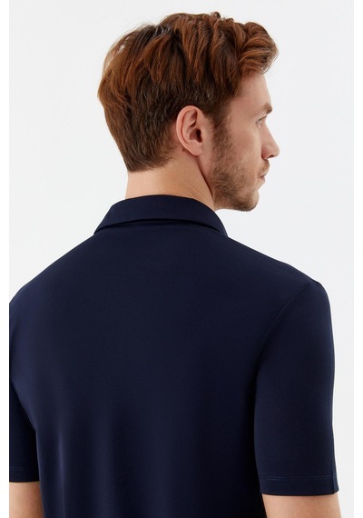 Erkek Lacivert Dar Kesim Slim Fit Pamuklu Dokuma Düğmeli Polo Yaka Tişört