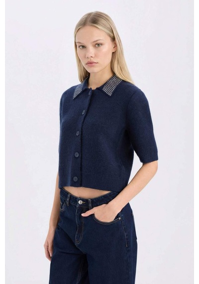DeFacto Regular Fit Polo Yaka Basic Düz Düğmeli Triko Hırka E2288AX24WNNV134 Lacivert