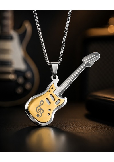 Paslanmaz Çelik Gitar Kolye Gold Gümüş Renk Sol Anahtarı Tasarım Gitar Kolye Altın - Gümüş