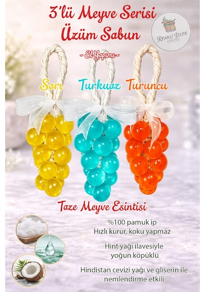 El Yapımı Üzüm Salkım Sabun Üçlü Set Sarı-turkuaz Ve Turuncu Kurdelalı Karışık Meyve
