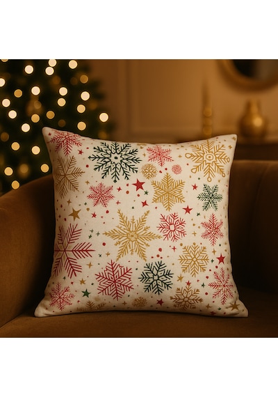 Krem Zeminli Yılbaşı Kırlent Kılıfı Çok Renkli Kar Tanesi Desenli 40 * 40