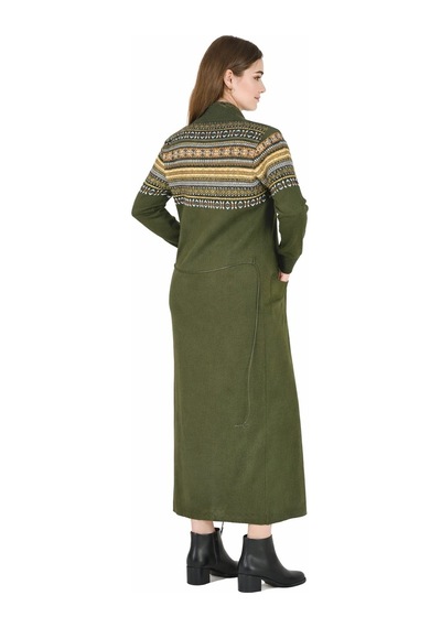 Onno Style Women Kilim Desen Uzun Hırka Haki