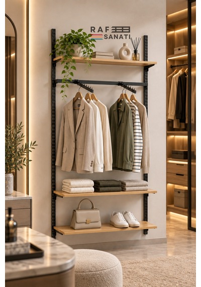 90 Cm Duvar Raf Askılık Sistemi 3 Raflı 200 Cm Konik Dikme Hazır Set Safir Meşe
