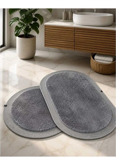 Kaymaz Taban Peluş Banyo Paspası Seti Siyah Rengi Jüt Kenar Detaylı 2'li Oval Yuvarlak 100x60 60x60