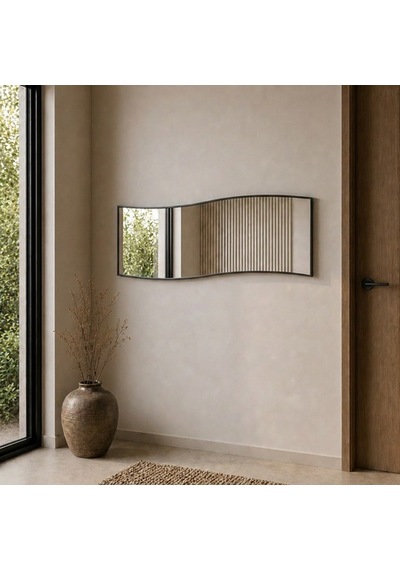 Modern Dalgalı Boy Aynası 40x120 Cm Organik Formlu Minimalist Dekoratif Duvar Aynası 2026 Trend Siyah