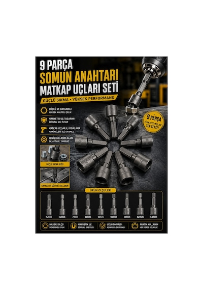 9 Parça Somun Anahtarı Somun Matkap Uçları Sıkma Seti 10mm