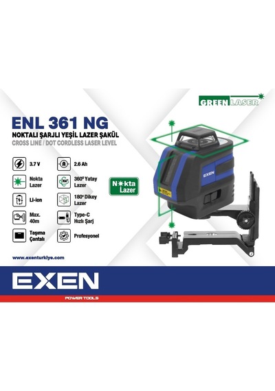 Exen Enl 361 Ng - 1x360 3.7v 2.6ah Noktalı Şarjlı Yeşil Lazer Şakül Set