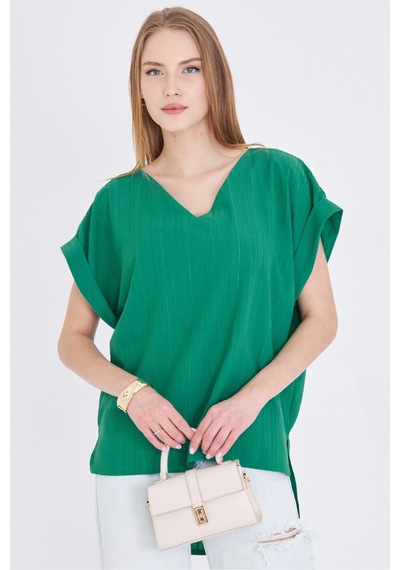Armonika Kadın Koyu Yeşil V Yaka Yanları Yırtmaçlı Arkası Uzun Duble Kol Detaylı Oversize Bluz Arm-24y001074