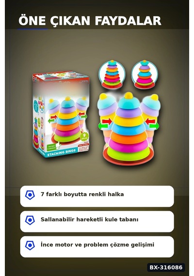 Bebek Halka Dizme Kulesi Oyuncağı 9 Parça - Sallanan Tabanlı Eğitici Set Bx-316086 Belirtilmemiş