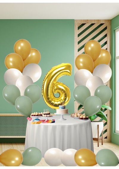 6 Yaş Küf Yeşili Temalı Doğom Günü Seti Metalik Gold Kum Beji Küf Yeşili Balonlar Gold Folyo Rakam Çok Renkli