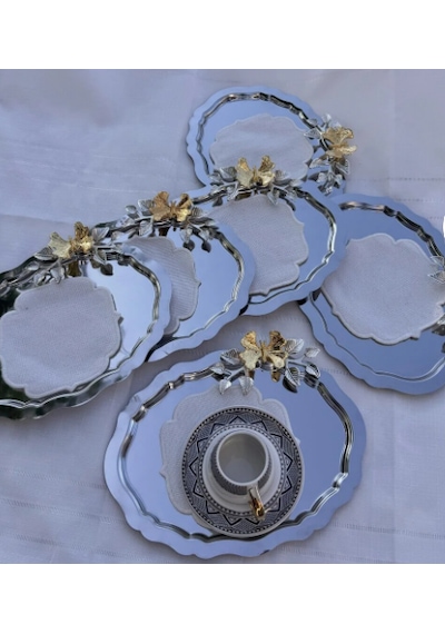 Denizhomecollection 6 Lı Oval Sunum Ve Kahve Tepsisi Yaprak Ve Kelebek Gri - Gümüş