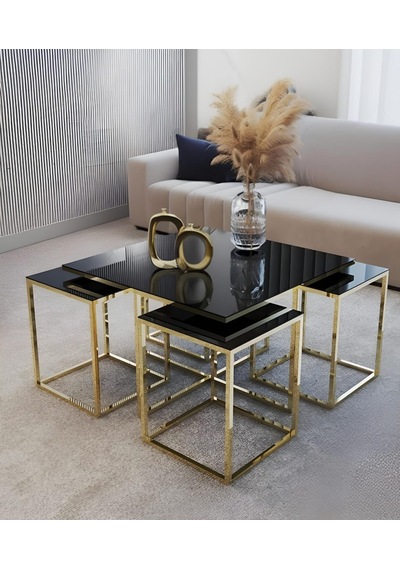 4+1 Kare Orta Zigon Sehpa Gold Kaplama Siyah Temperli Cam