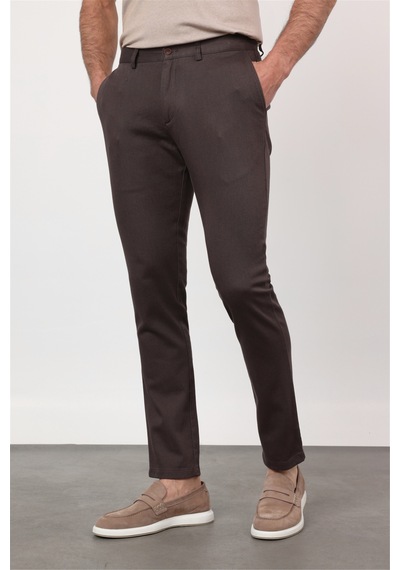 İmza Kahverengi Yan Cep Düz Paça Armürlü Slim Fit Pamuklu Chino Pantolon 1003260161