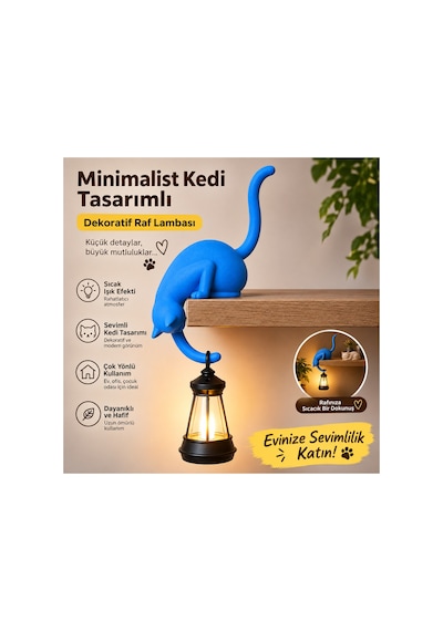 Modern & Şık - Minimalist Kedi Tasarımlı Dekoratif Raf Lambası Gece Lambası Açık 95794973