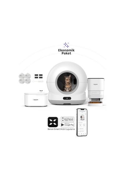 Xenon Smart Akıllı Otomatik Kedi Tuvaleti Paslanmaz Çelik Kaseli Mama Kabı Led Işıklı Su Pınarı Ve Filtre 4'lü Pet Seti