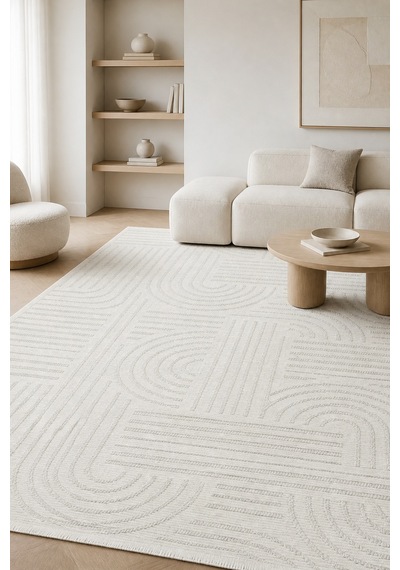 Zelve Geometrik Beyaz Kaymaz Taban Yıkanabilir Salon Halısı