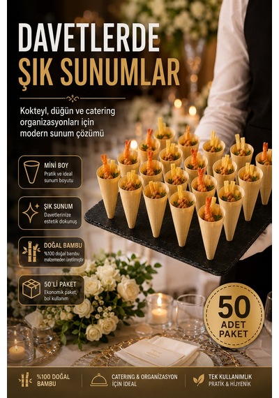 50'li Pkt Mini Bambu Sunum Korneti 6x3,5 Cm Doğal Sunum Külahı Kokteyl Catering Finger Food Sunumluk