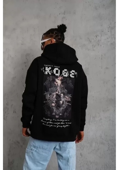 Vexor Unisex Sırt Baskılı Kapüşonlu Üç İplik Oversize Sweatshirt - Siyah