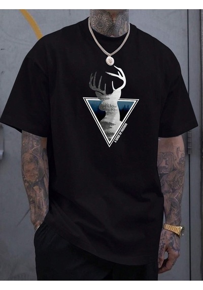 Freedom Geyik T-shirt - Siyah Baskılı Oversize Bisiklet Yaka Kısa Kol Tişört Siyah