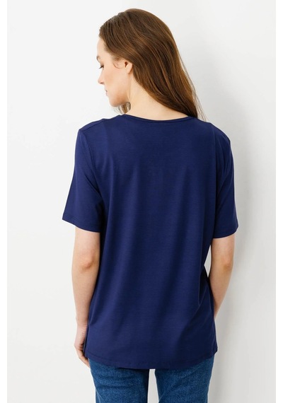 Desen Triko Kadın Açma Yaka Nakış İşlemeli T-shirt 25703 Lacivert Lacivert