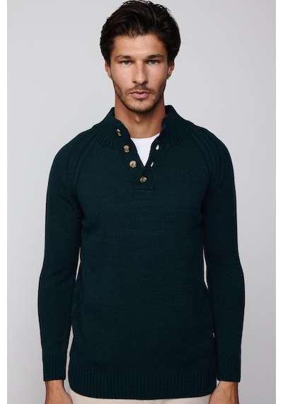 Tudors Erkek Slim Fit Dar Kesim Dik Yaka Düğmeli Triko Yeşil Triko Kazak-29591-yeşil Yeşil