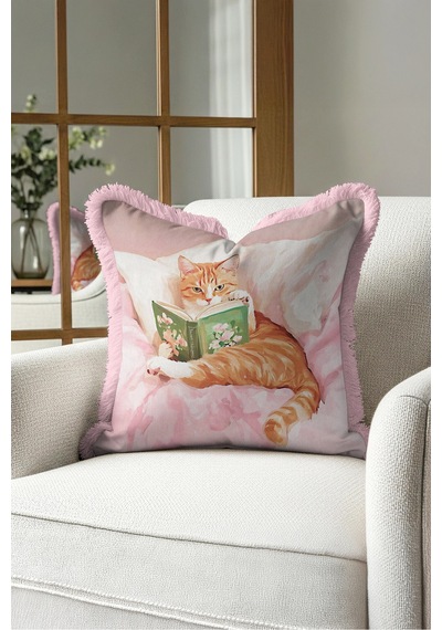 Kedi Romantik Masalsı Saçaklı Yastık Kılıfı-sevimli Pet Bohem Turuncu Pembe Püsküllü Kırlent Kılıfı Bordo