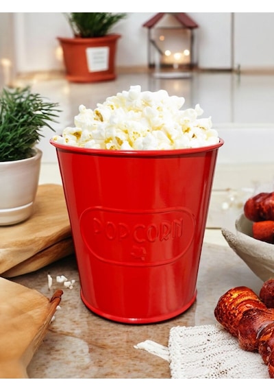 Toptanfoni Kırmızı Metal Popcorn Kutusu - Patlamış Mısır Kovası Kendinden Kabartma Desenli 1 Adet Kirmizi
