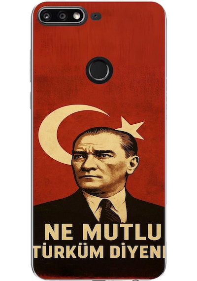 Huawei Y7 2018 - Honor 7c Uyumlu Ne Mutlu Türkiye Bayrak Atatürk Baskılı Silikon Kılıf Renkli