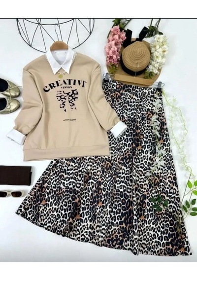 Lovie Moda Kadın Leopar Desenli Etekli Takım Bej