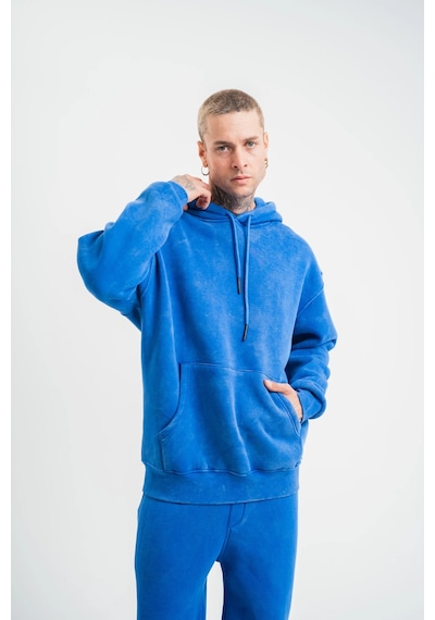 Barlashive Erkek 3 İplik Pamuklu Oversize Kapüşonlu Yıkamalı Hoodie Sweatshirt - Mavi Çok Renkli