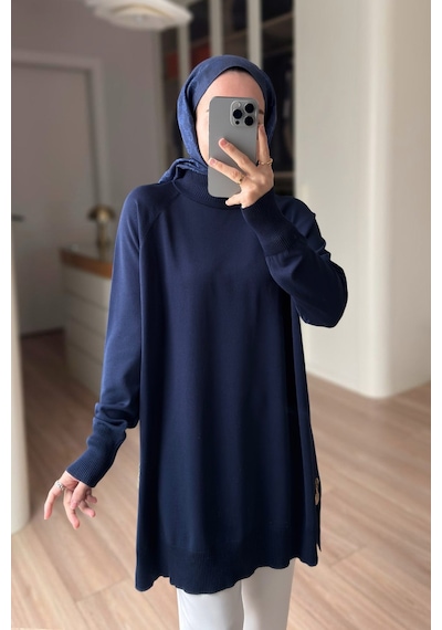 Kahijab Yan Fermuar Basic Merserize Tunik - Lacivert