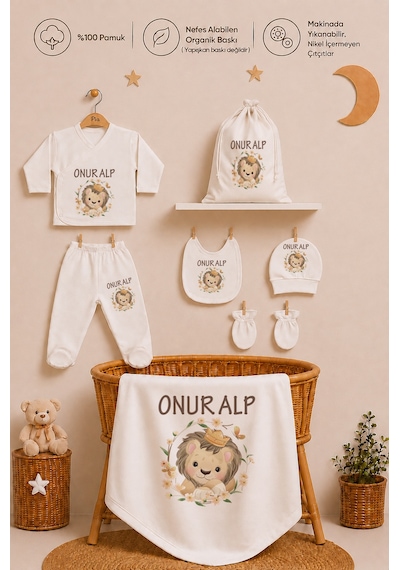 Pia Baby Kişiye Özel %100 Pamuk Erkek Bebek Hastane Çıkışı Zıbın Seti 8 Parça Kese Hediyeli 2087zybk0x Ekru