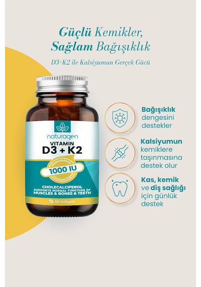 Naturagen Vitamin D3 + K2 1000 Iu 2x60 Kapsül