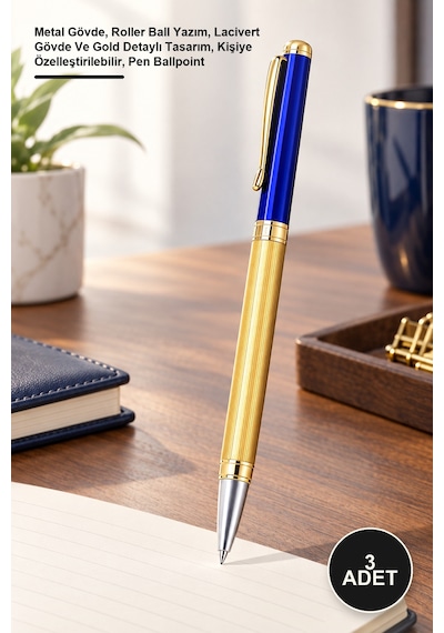 3 Adet Metal Roller Kalem Metal Gövde, Roller Ball Yazım, Lacivert Gövde Ve Gold Detaylı Tasarım, Kişiye Özelleştirilebilir, Pen Ballpoint 1