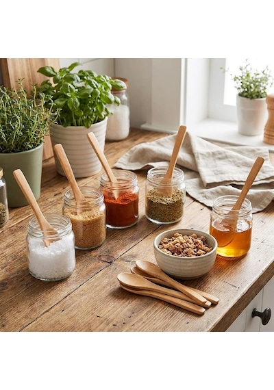 12'li Bambu Mini Kaşık Seti 13 Cm, Baharat, Bal, Reçel, Kahve Ve Servis Kaşığı, Küçük Kavanozlar İçin Doğal