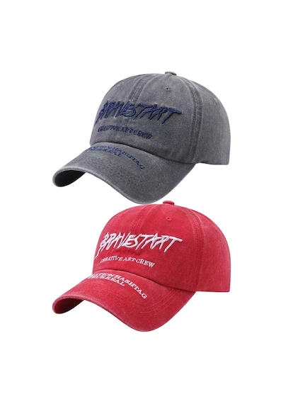 Tezzgelsin Unisex Eskitme Bravestart Nakışlı Ayarlanabilir Beyzbol Kep Şapka 2'li Set Gri - Kırmızı