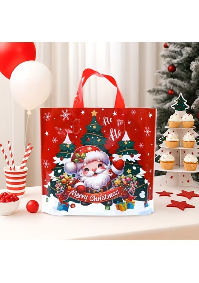 1 Adet Şenlikli Noel Baba Noel Ağacı Hediye Çanta Kırmızı Plastik Kırmızı