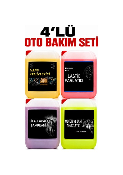 Oto Bakım Seti Cilalı Şampuan Lastik Parlatıcı Genel Temizleyici Jant Temizleyici 4'lü 5 Litrelik Set