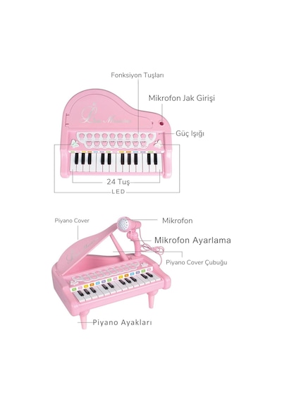 Mikrofonlu 24 Tuşlu Pembe Çocuk Piyanosu - Telefon Bağlantılı Eğitici Işıklı Org Müzik Seti