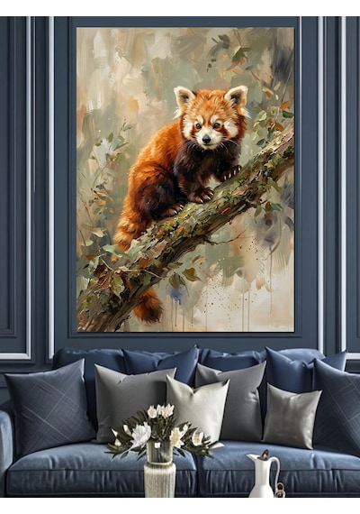 Ağaç Dalında Küçük Kızıl Panda Dekoratif Kanvas - Mdf Ahşap Tablo