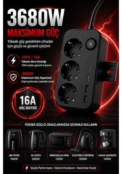 Akım Korumalı 3'lü Topraklı Priz 2 Usb-a 2 Type-c 3680w 16a Anahtarlı Duvara Monte Edilebilir Çoçuk Korumalı 1 M