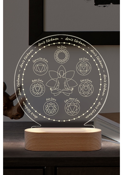 Yoga Çakra Sembollü Kişiye Özel Ledli Gece Lambası Masif Ahşap Tabanlı Usb Kablolu Pleksi Led Gece Lambası