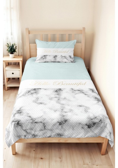 Modern Mermer Mint Genç Odası Tek Kişilik Pike Takımı - Gri Beyaz 160x220 Cm Kapitone Yatak Örtüsü Kadife Yosun Baharı