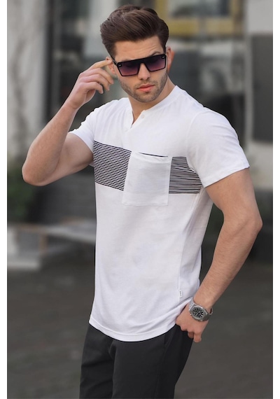 Madmext Beyaz Cep Detaylı Regular Fit Erkek Tişört 6094 Beyaz