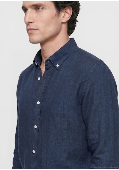 Ramsey İndigo Düz Casual Fit Uzun Dokuma Casual %100 Keten Gömlek