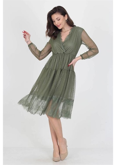 Neşeli Butik Neseli Butik Kruvaze Yaka Eteği Güpür Detaylı Yeni Sezon Elbise Nb0010 Haki