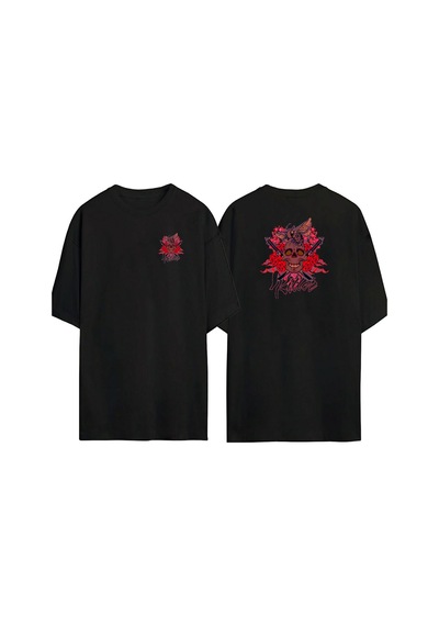 Thewert Unisex Kafatası Ve Güveler Samuray Kılıcı Ön Arka Baskılı Sıyah Oversize T-shirt Siyah